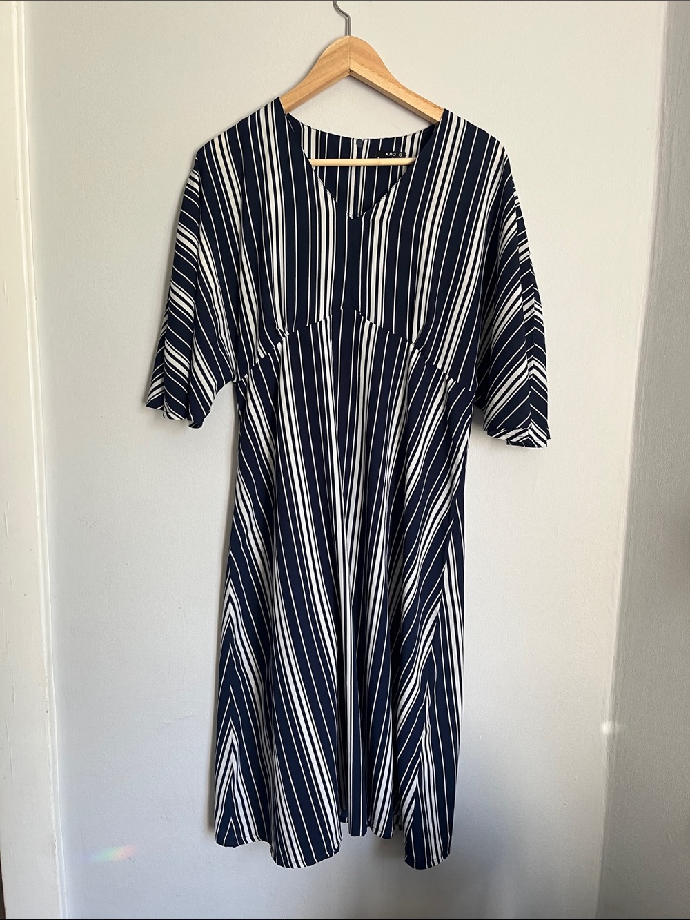 Navy and White Striped Midi Dress with V-Notch Neck
